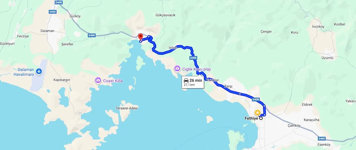 From Fethiye to Göcek by car via  D400
