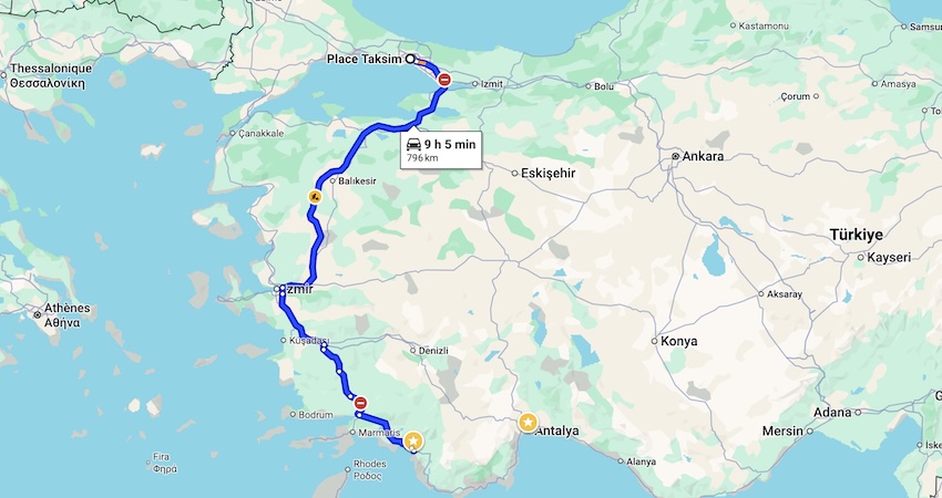 Itinerary by car to Fethiye from Taksim Square, in the heart of Istanbul