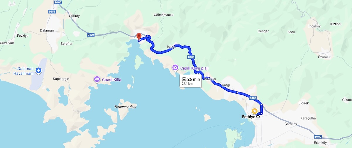 From Fethiye to Göcek by car via  D400